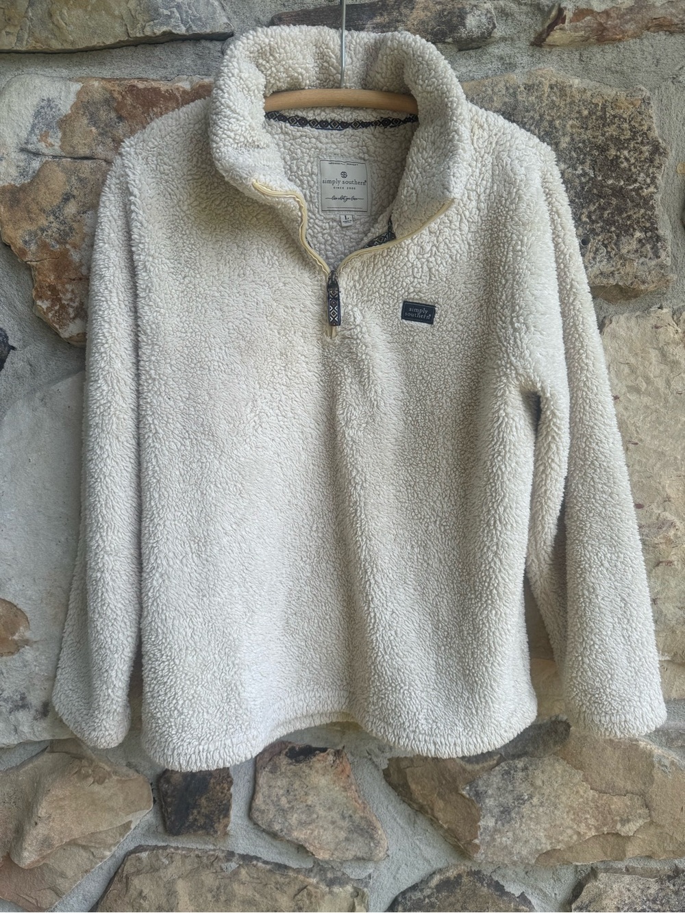 Simply Southern Cream Sherpa Half- Zip Pullover with Patterned Trim Large Cozy L